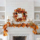 Artificial Autumn Fall Wreath for Front Door with Pumpkin Oak - 22"