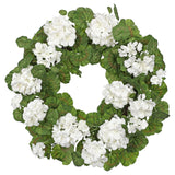 White Artificial Geraniums Wreath with Lush Greenery - 20"