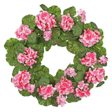 Pink Artificial Geraniums Wreath with Lush Greenery - 20"