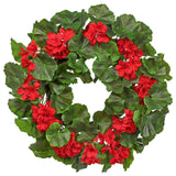 Artificial Geranium Wreath with Red Flowers and Green Leaves