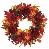 Artificial Fall Floral Wreath for Front Door with Peony Dahlia Pine Cones -24"