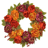 Artificial Fall Peony Wreath with Maple Leaves & Berries for Front Door – 24"