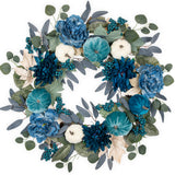 Blue Fall Artificial Pumpkins Wreaths with Velvet Pumpkins Eucalyptus for Home Decor