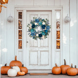 Blue Fall Artificial Pumpkins Wreaths with Velvet Pumpkins Eucalyptus for Home Decor