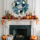 Blue Fall Artificial Pumpkins Wreaths with Velvet Pumpkins Eucalyptus for Home Decor
