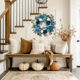 Blue Fall Artificial Pumpkins Wreaths with Velvet Pumpkins Eucalyptus for Home Decor