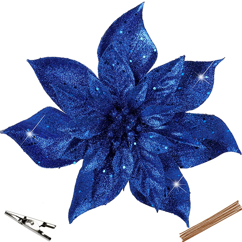 9'' Poinsettia Christmas Flowers 8PCS Black Glitter Floral Picks Large Xmas Ornament Flowers
