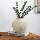 White Wide Belly Round Ceramic Vase Vase with Linear - 9"