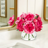 Artificial Peonies Silk Flowers Bouquet with Faux Water Vase -Red