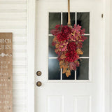 Handmade Fall Teardrop Swag Wreath with Red Hydrangea Peonies Dahlia Decor