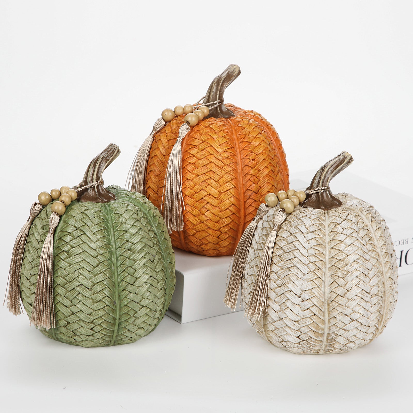 Fall Woven Resin Pumpkins Decorative for Home Thanksgiving Harvest Halloween - 3 Pack