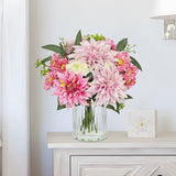 Artificial Dahlia Silk Flower Bouquet Arrangement with Glass Vase