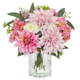Artificial Dahlia Silk Flower Bouquet Arrangement with Glass Vase