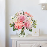 Artificial Dahlia Silk Pink Flower Bouquet Arrangement with Glass Vase