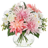 Artificial Dahlia Silk Pink Flower Bouquet Arrangement with Glass Vase