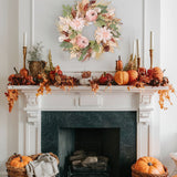 Pink-White Fall Artificial Pumpkins Wreaths with Velvet Pumpkins Eucalyptus for Home Decor