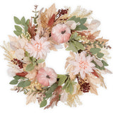 Pink-White Fall Artificial Pumpkins Wreaths with Velvet Pumpkins Eucalyptus for Home Decor