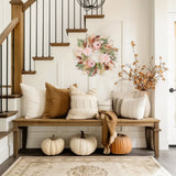 Pink-White Fall Artificial Pumpkins Wreaths with Velvet Pumpkins Eucalyptus for Home Decor