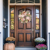 Pink-White Fall Artificial Pumpkins Wreaths with Velvet Pumpkins Eucalyptus for Home Decor