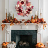 Pink Fall Artificial Pumpkins Wreaths with Velvet Pumpkins Eucalyptus for Home Decor