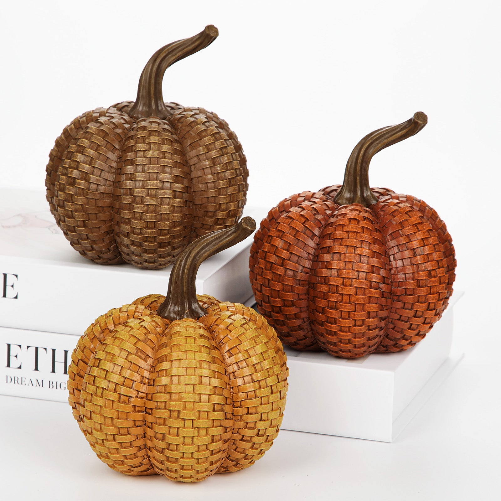 Fall Woven Resin Pumpkins Decorative for Home Thanksgiving Harvest Halloween - 3 Pack