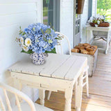 Blue Artificial Hydrangea Flowers Potted Ceramic Vase Mixed Daisy Eucalyptus Leaf