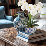 White Orchids Artificial Flowers with Blue and White Pot - 17.7"