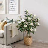White Artificial Camellia Tree Plant Fake Blooming Tree Potted - 3ft