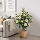Yellow Artificial Camellia Tree Plant Fake Blooming Tree Potted - 3ft