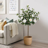 4ft Artificial Camellia Tree Fake Blooming Tree Potted with White Flowers - 2 Pack