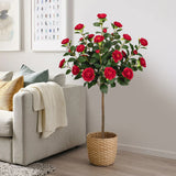 4ft Artificial Camellia Tree Fake Blooming Tree Potted with Red Flowers - 2 Pack