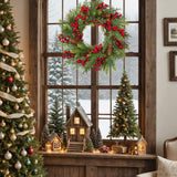 20 inch Christmas Wreath for Front Door with Red Berries Pine Cones Cedar Leaves Aritificial Wreath