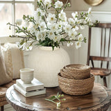White Wide Belly Round Ceramic Vase Vase with Linear - 9"