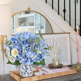 Blue Artificial Hydrangea Flowers Potted Ceramic Vase Mixed Daisy Eucalyptus Leaf