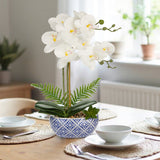 White Orchid Artificial Flower with Blue and White Porcelain Pot